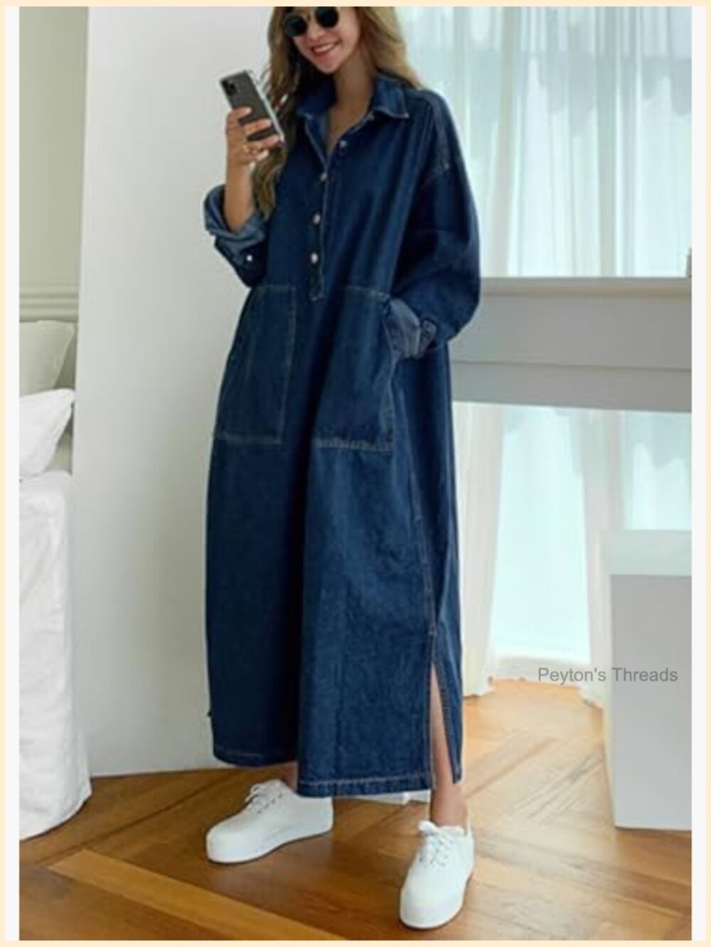 Casual Long Sleeve Maxi Denim Dress 1/2 Button Down Tunic Swing Dress - Picture 3 of 6